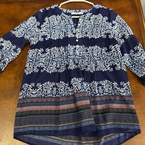 Daniel Rainn Pleated Multicolor Boho Pullover Blouse Size Small Blue